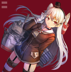 Rule 34 | 1girl, amatsukaze (kancolle), arm behind back, black choker, black hairband, black hat, blush, brown neckerchief, brown shirt, buttons, choker, garter straps, gloves, hair tubes, hairband, hand up, hat, kantai collection, legs apart, long hair, long sleeves, looking at viewer, mini hat, neckerchief, no pants, parted lips, red background, red eyes, rensouhou-kun, school uniform, serafuku, shiny skin, shirt, silver hair, simple background, solo, standing, standing on one leg, thighhighs, torpedo tubes, turret, two side up, umipro, v-shaped eyebrows, very long hair, white gloves, zettai ryouiki