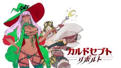 Rule 34 | 10s, 1boy, 1girl, axe, bandai, bare shoulders, belt, blunt bangs, breasts, brown background, chain, character request, cleavage, criss-cross halter, culdcept, culdcept (series), culdcept revolt, curvy, dark skin, earrings, frills, green headwear, green jacket, green legwear, green shorts, halterneck, hand on own hip, hat, high heels, holding, holding axe, hypna, jacket, japanese text, jewelry, large breasts, lipstick, long hair, looking at viewer, lowleg, luchador mask, makeup, mask, midriff, multiple views, muscular, nail polish, navel, nishimura kinu, official art, open clothes, open jacket, open mouth, pink hair, purple hair, revealing clothes, short shorts, shorts, staff, standing, title, wand, witch, witch hat, yellow eyes