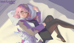 Rule 34 | 1girl, absurdres, bed, black-framed eyewear, black dress, black pantyhose, cat.106, chaldea uniform, dress, fate/grand order, fate (series), glasses, grey sleeves, hair over one eye, highres, jacket, looking at viewer, lying, mash kyrielight, necktie, on side, open clothes, open jacket, open mouth, pantyhose, parted lips, pillow, purple eyes, purple hair, short hair, solo