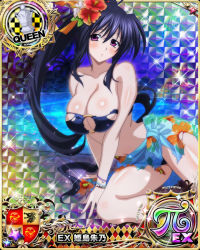 Rule 34 | 1girl, arm support, bare shoulders, bikini, black bikini, black hair, blush, bracelet, breasts, card (medium), character name, chess piece, cleavage, flower, hair flower, hair ornament, hair ribbon, high school dxd, high school dxd pi, himejima akeno, jewelry, large breasts, long hair, looking at viewer, navel, night, official art, parted lips, petals, petals on liquid, ponytail, purple eyes, queen (chess), ribbon, sitting, solo, swimsuit, torn bikini, torn clothes, trading card, very long hair, water