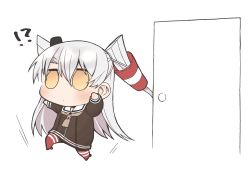 Rule 34 | 1girl, amatsukaze (kancolle), ataru (ataru-littlebird), brown dress, brown eyes, chibi, commentary request, door, dress, garter straps, hair tubes, hat, kantai collection, long hair, mini hat, red thighhighs, sailor dress, short dress, silver hair, simple background, smokestack hair ornament, solo, striped clothes, striped thighhighs, stuck, thighhighs, two side up, white background