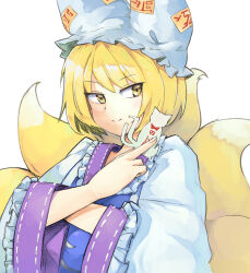 Rule 34 | 1girl, animal ears, blonde hair, closed mouth, dress, fox ears, fox tail, ginnkei, hat, highres, long sleeves, mob cap, multiple tails, shikigami, short hair, simple background, smile, solo, tabard, tail, touhou, unfinished dream of all living ghost, upper body, white background, white dress, white hat, wide sleeves, yakumo ran, yellow eyes