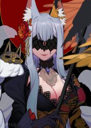 Rule 34 | 1girl, absurdres, animal ears, baiyue, black blindfold, black dress, black gloves, blindfold, breasts, cleavage, cleavage cutout, clothing cutout, commentary, dress, facial mark, facing viewer, flower, forehead mark, fox ears, fox girl, fox mask, fox tail, gloves, grey hair, hair flower, hair ornament, highres, holding, holding staff, juliet sleeves, long hair, long sleeves, looking at viewer, mask, unworn mask, medium breasts, multiple tails, nijisanji, nijisanji en, nina kosaka, nina kosaka (2nd costume), official alternate costume, puffy sleeves, red flower, smile, solo, staff, symbol-only commentary, tail, virtual youtuber