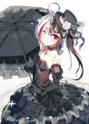 Rule 34 | 1girl, ahoge, bare shoulders, black dress, black gloves, black hair, black hat, blush, bow, closed mouth, collarbone, colored eyelashes, commentary request, dress, elbow gloves, flower, frilled umbrella, frills, gloves, gothic lolita, gradient background, grey background, grey eyes, grey umbrella, hat, hat flower, heterochromia, highres, holding, holding umbrella, li (qys3), lolita fashion, long hair, mini hat, mini top hat, multicolored hair, original, qys3, red eyes, red hair, revision, rose, smile, solo, split-color hair, strapless, strapless dress, streaked hair, tilted headwear, top hat, umbrella, white background, white bow, white flower, white hair, white rose