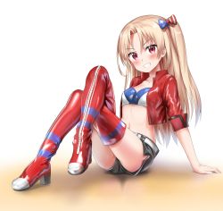 Rule 34 | 1girl, :d, absurdres, arm support, ass, azur lane, belt, black shorts, blonde hair, blush, bow, breasts, cleveland (azur lane), collarbone, crop top, cropped jacket, crossed legs, full body, hair between eyes, hair bow, highres, jacket, long hair, looking at viewer, midriff, navel, nedia (nedia region), one side up, open mouth, parted bangs, race queen, red eyes, red jacket, red thighhighs, shiny clothes, short shorts, shorts, sidelocks, simple background, sitting, small breasts, smile, solo, teeth, thighhighs, white belt