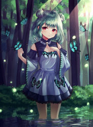 Rule 34 | 1girl, bare shoulders, black bow, blue dress, blue sleeves, bow, bug, butterfly, commentary request, detached sleeves, double bun, dress, forest, frilled dress, frills, green hair, hair bow, hair bun, highres, hololive, insect, juliet sleeves, long sleeves, looking at viewer, nature, parted lips, puffy sleeves, red eyes, shiro (acad1213), sleeveless, sleeveless dress, solo, standing, uruha rushia, uruha rushia (1st costume), virtual youtuber, wading, water, wide sleeves