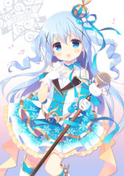 Rule 34 | 1girl, :d, bare shoulders, beamed sixteenth notes, blue eyes, blue hair, blue skirt, blush, boots, character name, commentary request, eighth note, gochuumon wa usagi desu ka?, gradient background, hair between eyes, head tilt, holding, holding microphone, idol, kafuu chino, knee boots, long hair, microphone, musical note, open mouth, print skirt, purple background, santa matsuri, shirt, skirt, sleeveless, sleeveless shirt, smile, snowflake print, solo, tippy (gochiusa), two side up, very long hair, white background, white footwear, white shirt