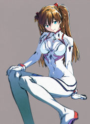 Rule 34 | 1girl, artist request, blue eyes, breasts, brown hair, evangelion: 3.0+1.0 thrice upon a time, grey background, highres, long hair, looking at viewer, medium breasts, neon genesis evangelion, parted lips, plugsuit, rebuild of evangelion, sitting, smile, solo, souryuu asuka langley, twintails