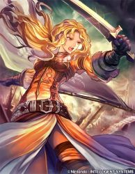 Rule 34 | 1girl, armor, bad id, bad twitter id, belt, blonde hair, brigid (fire emblem), company connection, copyright name, dress, eyvel, fire emblem, fire emblem: thracia 776, fire emblem cipher, flag, gloves, holding, holding sword, holding weapon, looking away, nij 24, nintendo, official art, open mouth, side slit, solo, sword, thigh strap, weapon, yellow eyes