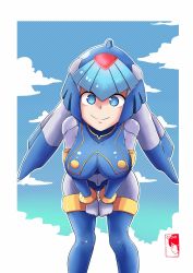 Rule 34 | 1girl, android, bent over, blue eyes, blue headwear, boots, breasts, capcom, cloud, female focus, helmet, highres, fairy leviathan (mega man), looking at viewer, medium breasts, mega man (series), mega man zero (series), sky, smile, solo, thigh boots, thighhighs