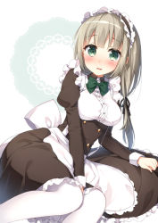 Rule 34 | 1girl, apron, between legs, black dress, blush, bow, bowtie, breasts, brown hair, buttons, dress, embarrassed, frills, green bow, green bowtie, green eyes, hair ribbon, hand between legs, long hair, long sleeves, lying, maid, maid apron, maid headdress, masuishi kinoto, medium breasts, on side, original, parted lips, ribbon, shima (shima je), simple background, solo, waist apron, white background, white legwear