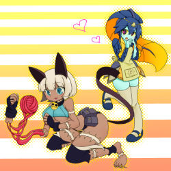 Rule 34 | 2girls, animal ears, apron, barefoot, bell, belt pouch, blue eyes, blue skin, blunt bangs, bob cut, breasts, cat ears, cat tail, claws, collar, colored sclera, colored skin, dark-skinned female, dark skin, detached leggings, fang, feet, fingerless gloves, fish girl, gloves, hair ornament, heart, large breasts, mary janes, minette (skullgirls), monster girl, ms. fortune (skullgirls), multiple girls, mundane utility, neck bell, pink eyes, pouch, purple eyes, scales, scar, shell, shoes, short hair, skullgirls, smile, suna sumi, tail, thighhighs, underboob, waitress, white hair, yarn, yarn ball, yellow sclera