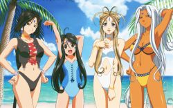 Rule 34 | 4girls, :d, aa megami-sama, adjusting hair, ahoge, arm up, armpits, arms up, bare shoulders, beach, belldandy, bikini, black bikini, black eyes, black hair, blue eyes, blue one-piece swimsuit, blue sky, blush, bracelet, breasts, brown hair, casual one-piece swimsuit, choker, cleavage, clothing cutout, cloud, collarbone, dark-skinned female, dark skin, earrings, facial mark, female focus, fingernails, flat chest, forehead, forehead mark, front-tie top, groin, hair between eyes, hair tubes, hand in own hair, hand on own chest, hand on own hip, hands on own hips, happy, head tilt, highres, hip focus, jewelry, lineup, long hair, long image, looking at viewer, lots of jewelry, midriff, multiple girls, navel, navel cutout, ocean, official art, official wallpaper, olm (studio), one-piece swimsuit, open mouth, outdoors, outstretched arms, palm tree, peorth (aa megami-sama), purple eyes, ring, shiny skin, skuld (aa megami-sama), sky, smile, standing, strapless, stretching, sugimoto sachiko, swimsuit, thigh gap, thighs, tree, turtleneck, urd (aa megami-sama), very long hair, wallpaper, water, white hair, white one-piece swimsuit, wide image, yellow bikini