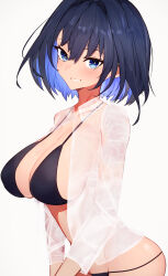Rule 34 | 1girl, bikini, black bikini, blue eyes, blue hair, blush, breasts, collarbone, commentary, getto, grin, hair between eyes, hair intakes, highres, hololive, hololive english, large breasts, looking at viewer, ouro kronii, see-through, see-through shirt, shirt, short hair, sideboob, simple background, smile, solo, standing, swimsuit, symbol-only commentary, teeth, virtual youtuber, wet, wet clothes, wet shirt, white background, white shirt