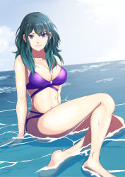 Rule 34 | 1girl, absurdres, alternate costume, bare legs, barefoot, bikini, blue eyes, blue hair, breasts, byleth (female) (fire emblem), byleth (fire emblem), cleavage, cloud, cloudy sky, day, fire emblem, fire emblem: three houses, full body, highres, looking at viewer, medium breasts, medium hair, navel, nintendo, ocean, outdoors, partially submerged, purple bikini, sitting, sky, smile, soles, solo, sukkirito (rangusan), sunlight, swimsuit, wet