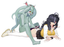 Rule 34 | 2girls, :d, absurdres, ahoge, ass, bandaid, bandaid on arm, bandaid on neck, barefoot, black hair, black skirt, blush, book, breasts, claws, collarbone, colored sclera, colored skin, commentary, completely nude, cthulhu, cthulhu mythos, english commentary, feet, full body, genderswap, genderswap (mtf), green skin, grey hair, hair over one eye, highres, large breasts, long hair, long sleeves, long tongue, looking at viewer, looking away, lying, mole, mole on breast, mr tangsuyuk, multicolored hair, multiple girls, nude, on stomach, one eye covered, open book, open mouth, original, panties, personification, pleated skirt, reading, red eyes, red sclera, sharp teeth, shirt, shoes, simple background, sitting, sitting on person, skirt, sleeves rolled up, smile, sneakers, teeth, tentacle hair, thighhighs, tongue, two-tone hair, underwear, vest, wavy mouth, white background, white legwear, white panties, white shirt, wristband, yellow eyes, yellow vest
