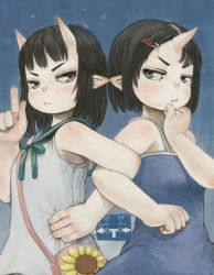 Rule 34 | bag, bare shoulders, black hair, blue dress, blush, closed mouth, commentary request, dress, ear-to-ear, ears touching, ebimomo, flower, green neckerchief, green sailor collar, grey eyes, hair ornament, hairclip, hand on own hip, hand up, horns, index finger raised, locked arms, looking at viewer, neckerchief, oni, original, pointy ears, sailor collar, sailor dress, school uniform, serafuku, short hair, single horn, standing, sunflower, white dress