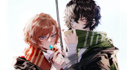 Rule 34 | 2boys, bandaged hand, bandages, baocaizi, black hair, black jacket, blue background, blue eyes, brown hair, bungou stray dogs, candy, collared shirt, commentary, covered mouth, dazai osamu (bungou stray dogs), diagonal-striped clothes, diagonal-striped necktie, food, green scarf, hair between eyes, hair over one eye, heart, highres, holding, holding candy, holding food, holding lollipop, hood, hood down, hooded jacket, jacket, lollipop, male focus, multiple boys, nakahara chuuya (bungou stray dogs), necktie, red eyes, red scarf, scarf, shirt, striped clothes, symbol-only commentary, v-shaped eyebrows, white background, white shirt