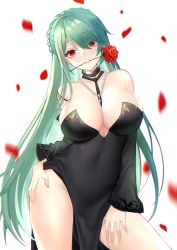 Rule 34 | 1girl, akuma (ogino-m), azur lane, bare shoulders, between breasts, black dress, black neckwear, braid, breasts, choker, cleavage, covered navel, detached sleeves, dress, falling petals, flower in mouth, green hair, hand on own hip, highres, in mouth, jewelry, large breasts, littorio (azur lane), littorio (calabria aurea) (azur lane), long dress, long hair, looking at viewer, necklace, orange eyes, petals, rose petals, side slit, standing, strapless, strapless dress, swept bangs, thighs, very long hair