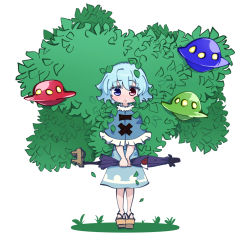 Rule 34 | 1girl, :o, blue capelet, blue eyes, blue hair, brown footwear, capelet, cookie (touhou), cross-laced clothes, full body, geta, gram 9, heterochromia, holding, holding umbrella, karakasa obake, leaf, looking at viewer, mioto (cookie), open mouth, purple umbrella, red eyes, short hair, simple background, solo, standing, tatara kogasa, touhou, tree, ufo, umbrella, v arms, white background, wild and horned hermit