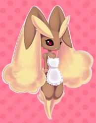 Rule 34 | animal ears, apron, arms behind back, black sclera, blush, colored sclera, creatures (company), eyebrows, furry, game freak, gen 4 pokemon, highres, highvoltage, lopunny, naked apron, nintendo, open mouth, pokemon, pokemon (creature), polka dot, polka dot background, rabbit ears, rabbit girl, red eyes, solo, thick eyebrows