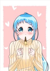 Rule 34 | 10s, 1girl, alternate costume, blue eyes, blue hair, blush, clenched hands, food, heart, kantai collection, long hair, looking at viewer, mouth hold, pocky, pocky day, samidare (kancolle), solo, sweater, yokoshima (euphoria)