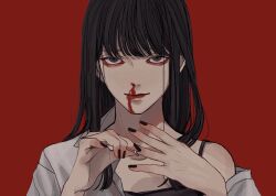 Rule 34 | 1girl, black camisole, black hair, black nails, blood, blunt bangs, brown eyes, camisole, closed mouth, jewelry, kagoya1219, long hair, looking at viewer, nail polish, nosebleed, off shoulder, original, own hands together, portrait, red background, ring, shirt, simple background, single bare shoulder, smile, solo, spaghetti strap, straight-on, straight hair, white shirt