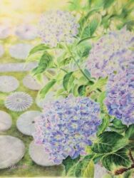 Rule 34 | blue flower, flower, highres, leaf, no humans, ooy33151086, original, painting (medium), plant, purple flower, realistic, signature, still life, traditional media, watercolor (medium)