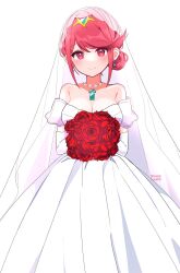 Rule 34 | 1girl, bare shoulders, bouquet, breasts, bridal veil, bride, chest jewel, circlet, cleavage, collarbone, dress, earrings, elbow gloves, female focus, flower, gloves, hair bun, hair up, highres, holding, holding bouquet, jewelry, kotohatoko510, large breasts, long dress, looking at viewer, matching hair/eyes, necklace, pyra (xenoblade), red eyes, red flower, red hair, red rose, rose, single hair bun, smile, solo, veil, wedding dress, white dress, white gloves, xenoblade chronicles (series), xenoblade chronicles 2