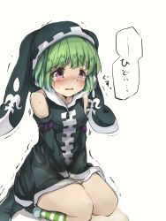 Rule 34 | 1girl, aqua dress, aqua footwear, bare shoulders, between legs, blush, boots, breasts, breath, character request, darashi na panda, detached sleeves, dress, embarrassed, female focus, green hair, green socks, hand between legs, have to pee, highres, hooded dress, japanese text, kneehighs, kneeling, nose blush, open mouth, own hands together, peeing, peeing self, puddle, purple eyes, seiza, shironeko project, short hair, simple background, sitting, sleeveless, sleeveless dress, small breasts, socks, solo, speech bubble, steam, striped clothes, striped socks, sweat, tears, translation request, trembling, v arms, wet, wet clothes, white background, zipper pull tab