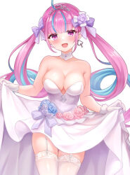 Rule 34 | 1girl, :d, ahoge, blue flower, blue hair, blue rose, blush, bow, commentary request, dress, flower, garter straps, gloves, hair bow, heart, hololive, looking at viewer, minato aqua, multicolored hair, nikoo, open mouth, pink flower, pink hair, pink rose, purple bow, purple eyes, purple flower, purple rose, rose, sidelocks, simple background, skirt hold, smile, solo, standing, strapless, strapless dress, thighhighs, tiara, twintails, two-tone hair, virtual youtuber, wedding dress, white background, white dress, white gloves, white thighhighs