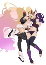 Rule 34 | 2girls, absurdres, ass, bare shoulders, bikini, black fundoshi, black gloves, black legwear, blonde hair, blush, bow, breasts, chinese clothes, detached sleeves, dudou, earrings, elbow gloves, eyeliner, facial mark, fate/grand order, fate (series), fingerless gloves, forehead jewel, forehead mark, full body, fundoshi, gloves, gradient hair, hair bow, headpiece, highres, holding hands, horns, hug, ibaraki douji (fate), ibaraki douji (fate/grand order), ibaraki douji (swimsuit lancer) (fate), ibaraki douji (swimsuit lancer) (third ascension) (fate), interlocked fingers, japanese clothes, jewelry, jikatarou, long hair, looking at viewer, low twintails, makeup, multicolored hair, multiple girls, navel, oni, open mouth, pelvic curtain, pointy ears, purple eyes, purple hair, short eyebrows, short hair, short twintails, shuten douji (fate), shuten douji (fate/grand order), shuten douji (halloween caster) (fate), simple background, skin-covered horns, smile, swimsuit, tattoo, thighhighs, toeless legwear, twintails, very long hair, white background, white bikini, white bow, white footwear
