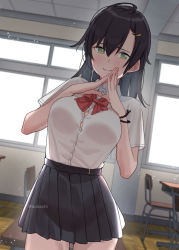 Rule 34 | 1girl, ahoge, bag, black hair, black skirt, blush, bow, breasts, chair, closed mouth, collared shirt, commentary request, cowboy shot, dress shirt, green eyes, hair between eyes, hair ornament, hairclip, hands up, indoors, long hair, medium breasts, original, pleated skirt, red bow, school bag, school chair, school uniform, shirt, short sleeves, skirt, smile, solo, standing, steepled fingers, subachi, thighs, twitter username, white shirt, window