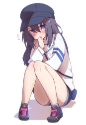 Rule 34 | 1girl, alice gear aegis, black footwear, black hair, black skirt, blue hat, blush, clenched hand, closed mouth, commentary request, flying sweatdrops, full body, hair between eyes, hat, head tilt, long hair, long sleeves, looking at viewer, nikotama mai, purple eyes, sailor collar, shirt, shoes, silhouette, sitting, skirt, sneakers, socks, solo, stroma, white background, white shirt, white socks