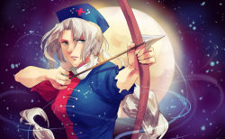 Rule 34 | 1girl, aiming, arrow (projectile), bow, bow (weapon), braid, breasts, drawing bow, dress, full moon, grey eyes, hat, highres, holding bow (weapon), large breasts, long hair, moon, nurse cap, open mouth, puffy short sleeves, puffy sleeves, short sleeves, silver hair, skirt, skirt set, smile, solo, sunyuqian, touhou, upper body, very long hair, weapon, yagokoro eirin