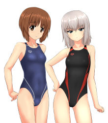 Rule 34 | 10s, 2girls, arena (company), arms behind back, bad id, bad pixiv id, black one-piece swimsuit, blue eyes, blue one-piece swimsuit, breasts, brown eyes, brown hair, competition swimsuit, contrapposto, cowboy shot, flat chest, girls und panzer, gray swimsuit, grey one-piece swimsuit, highres, itsumi erika, logo, looking at viewer, multiple girls, nishizumi miho, one-piece swimsuit, parted lips, short hair, silver hair, small breasts, standing, swimsuit, takafumi, window