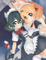 Rule 34 | 2girls, alternate costume, animal ears, apron, black dress, black gloves, black hair, blonde hair, blue eyes, blush, bow, bowtie, cat ears, cat girl, cat tail, commentary, dress, enmaided, extra ears, girutea, gloves, highres, kaban (kemono friends), kemono friends, kemonomimi mode, looking at viewer, maid, maid headdress, matching outfits, multiple girls, night, night sky, pantyhose, puffy short sleeves, puffy sleeves, ransusan, red bow, red bowtie, serval (kemono friends), short hair, short sleeves, sky, smile, tail, tail bow, tail ornament, thighhighs, white apron, white legwear, yellow eyes, zettai ryouiki