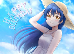 Rule 34 | 1girl, artist name, artist request, blue hair, blue sky, blush, breasts, brown eyes, brown hat, cloud, day, dress, female focus, floating hair, hair between eyes, hat, long hair, looking at viewer, love live!, love live! school idol project, miniskirt, outdoors, parted lips, pink lips, plaid, plaid dress, plaid skirt, pleated, pleated dress, pleated skirt, skirt, sky, sleeveless, sleeveless dress, small breasts, smile, solo, sonoda umi, sun hat, wavy hair, white dress, white skirt, yellow eyes