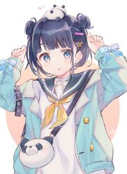 Rule 34 | 1girl, animal bag, arms up, bag, black hair, black sailor collar, blue bow, blue eyes, blue jacket, blush, bow, brown background, commentary request, double bun, hair bun, hair ornament, hairclip, highres, jacket, long sleeves, looking at viewer, neckerchief, notice lines, on head, open clothes, open jacket, original, parted lips, puffy long sleeves, puffy sleeves, sailor collar, school uniform, sencha (senta 10), serafuku, shirt, shoulder bag, signature, sleeves past wrists, solo, stuffed animal, stuffed panda, stuffed toy, two-tone background, upper body, white background, white shirt, x hair ornament, yellow neckerchief