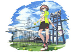 Rule 34 | 1girl, absurdres, ahoge, alternate costume, arm behind back, azur lane, bag, ball, baltimore (azur lane), bench, black skirt, black socks, blue sky, braid, breasts, brown hair, chain-link fence, chinese commentary, cleavage, closed mouth, cloud, collarbone, commentary request, day, fence, french braid, full body, green jacket, groin, hair between eyes, highres, holding, holding ball, holding racket, jacket, large breasts, looking at viewer, midriff, mile miluo, mountainous horizon, navel, open clothes, open jacket, outdoors, power lines, racket, shadow, shoes, short hair, short sleeves, sidelocks, skirt, sky, smile, sneakers, socks, solo, sports bra, standing, tennis ball, tennis court, tennis net, tennis racket, transmission tower, visor cap, white background, white sports bra, wristband, yellow eyes