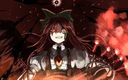 Rule 34 | 1girl, arm cannon, bad id, bad pixiv id, bow, clenched teeth, cyberpunk, dual wielding, energy ball, facial mark, glowing, glowing eyes, glowing weapon, hair bow, holding, long hair, looking at viewer, puffy sleeves, red eyes, reiuji utsuho, shaded face, shirorin (ballet girl&#039;s), shirt, short sleeves, sketch, skirt, solo, sparks, suspenders, teeth, third eye, touhou, weapon, wings