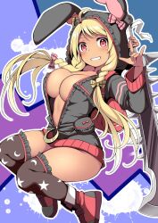 Rule 34 | 1girl, animal hood, black jacket, black thighhighs, blonde hair, blush, bow, breasts, cleavage, dark-skinned female, dark skin, fox shadow puppet, grin, hair bow, highres, holding, holding weapon, hood, hood up, jacket, kuromayu, large breasts, long hair, long sleeves, looking at viewer, original, partially unzipped, red eyes, shoes, smile, solo, thighhighs, weapon