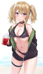 Rule 34 | 1girl, absurdres, bare shoulders, bikini, black bikini, black choker, black jacket, blonde hair, chloe (princess connect!), choker, cowboy shot, cup, disposable cup, front-tie bikini top, front-tie top, halterneck, highres, holding, jacket, long hair, long sleeves, looking at viewer, multi-strapped bikini, off shoulder, open clothes, open jacket, pointy ears, princess connect!, purple eyes, rama (yu-light8), side-tie bikini bottom, simple background, solo, swimsuit, thigh strap, thighs, twintails, white background, zipper