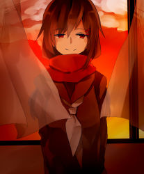 Rule 34 | 1girl, brown hair, curtains, enpera, hair ornament, hairclip, hairpin, highres, kagerou project, long hair, loss time memory (vocaloid), multiple hairpins, orange theme, red eyes, red scarf, red theme, saku qq, scarf, school uniform, serafuku, sky, smile, solo, tateyama ayano, vocaloid, window, yellow sky