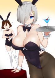 Rule 34 | 2girls, animal ears, arm support, black leotard, blue eyes, breast envy, breasts, brown hair, chibi, cleavage, closed mouth, collarbone, covered navel, detached collar, drink, embarrassed, fake animal ears, gradient background, hair ornament, hair over one eye, hairclip, hamakaze (kancolle), highres, kantai collection, kusaka souji, large breasts, leotard, looking at viewer, multiple girls, pantyhose, playboy bunny, rabbit ears, rabbit tail, short hair, silver hair, simple background, sketch, smile, solo focus, tail, tanikaze (kancolle), thighband pantyhose, thighhighs, tray, upper body, wrist cuffs