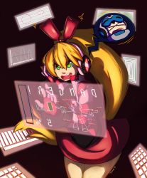 Rule 34 | 1girl, :x, bad id, bad tumblr id, beck (mighty no. 9), blonde hair, call (mighty no. 9), call f, dress, gloves, green eyes, headset, holographic interface, holographic monitor, holographic touchscreen, long hair, mighty no. 9, ponytail, saane, short dress, solo focus, striped, striped sleeves