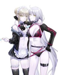 Rule 34 | 2girls, ahoge, apron, arm around shoulder, artoria pendragon (alter swimsuit rider) (fate), artoria pendragon (alter swimsuit rider) (second ascension) (fate), artoria pendragon (fate), bikini, bikini skirt, black bikini, black gloves, black jacket, blonde hair, bow, breasts, choker, cleavage, fate/grand order, fate (series), food, frilled bikini, frilled choker, frills, frown, gloves, hair bow, hair bun, highres, ice cream, jacket, jeanne d&#039;arc alter (swimsuit berserker) (fate), jeanne d&#039;arc (fate), jeanne d&#039;arc alter (fate), jeanne d&#039;arc alter (swimsuit berserker) (fate), long hair, looking at viewer, maid apron, maid headdress, medium breasts, multiple girls, nipi27, o-ring, o-ring bikini, off shoulder, pale skin, popsicle, popsicle stick, shrug (clothing), silver hair, simple background, single hair bun, small breasts, swimsuit, thigh strap, thighhighs, very long hair, white background, yellow eyes