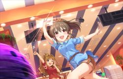 Rule 34 | 10s, 2girls, ball, belt, blush, bowling, bowling ball, brown hair, curly hair, earrings, hino akane (idolmaster), hori yuuko, idolmaster, idolmaster cinderella girls, idolmaster cinderella girls starlight stage, jewelry, long hair, looking at viewer, multiple girls, necklace, official art, one eye closed, open mouth, red eyes, shorts, smile, solo focus, spoon