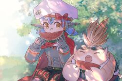 Rule 34 | 1boy, 1girl, :o, android, closed eyes, day, eating, fang, food, fruit, goggles, goggles on head, hat, highres, joints, nopon, open mouth, orange eyes, outdoors, poppi (xenoblade), poppi alpha (xenoblade), puff and slash shorts, robot ears, robot joints, short hair, sitting, tora (xenoblade 2), twintails, watermelon, watermelon slice, xenoblade chronicles (series), xenoblade chronicles 2, yumiyoiyoi