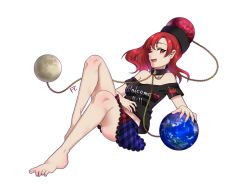 Rule 34 | 1girl, bare shoulders, barefoot, black shirt, chain, choker, earth (ornament), from side, gold chain, hecatia lapislazuli, highres, long hair, looking at viewer, midriff, moon (ornament), multicolored clothes, multicolored skirt, navel, off-shoulder shirt, off shoulder, open mouth, putchin, red hair, shirt, skirt, smile, solo, toes, touhou, white background